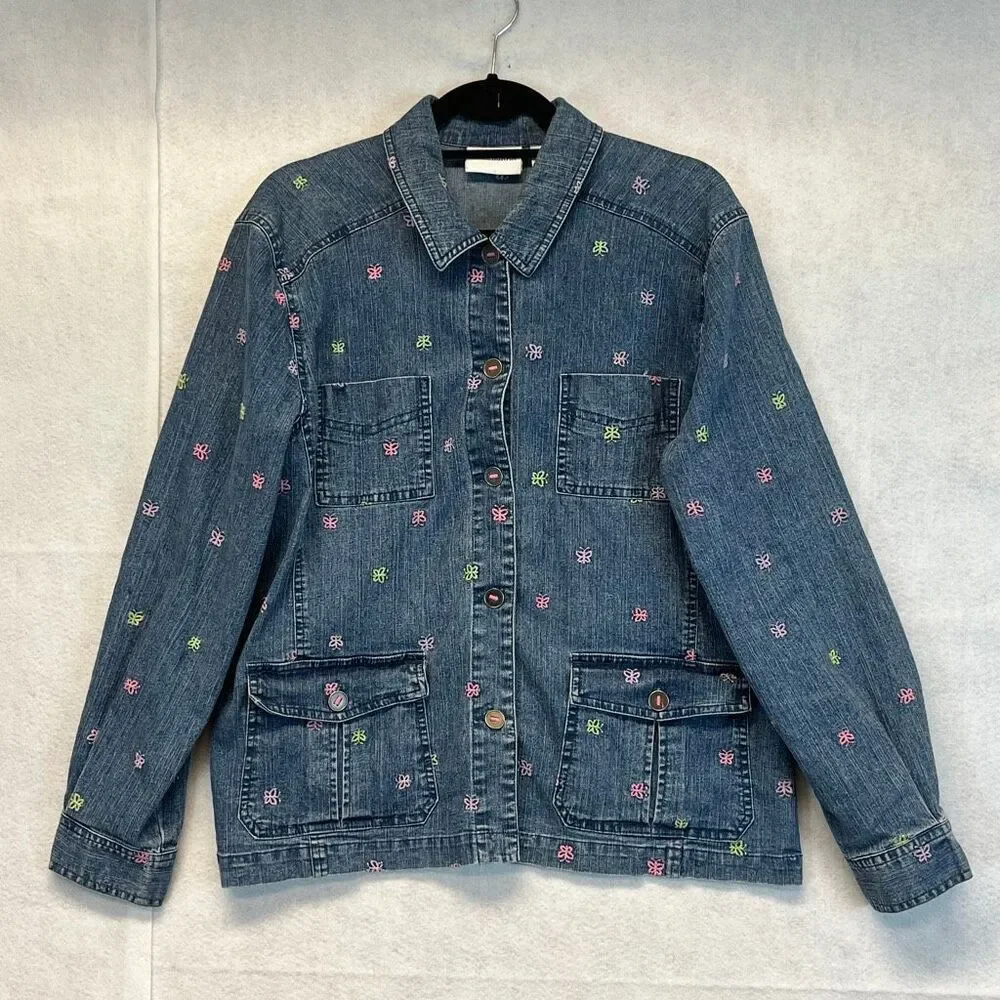 Vintage ALFRED DUNNER Denim Jacket Size 12‎ Blue 80s Embroidered Butterfly Cute!